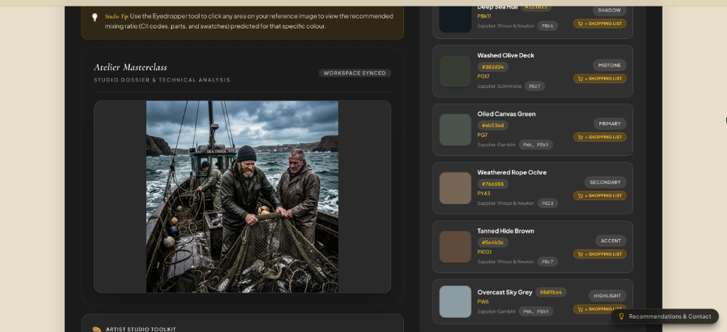 Atelier Masterclass reference and pigment analysis interface showing a painting reference alongside practical colour and pigment information